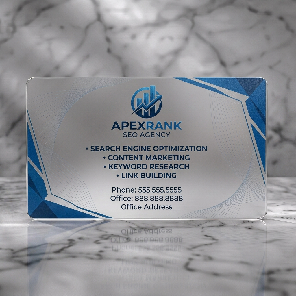 Frosted translucent plastic business card featuring modern blue & white design, growth chart icon, clean sans-serif text, abstract lines