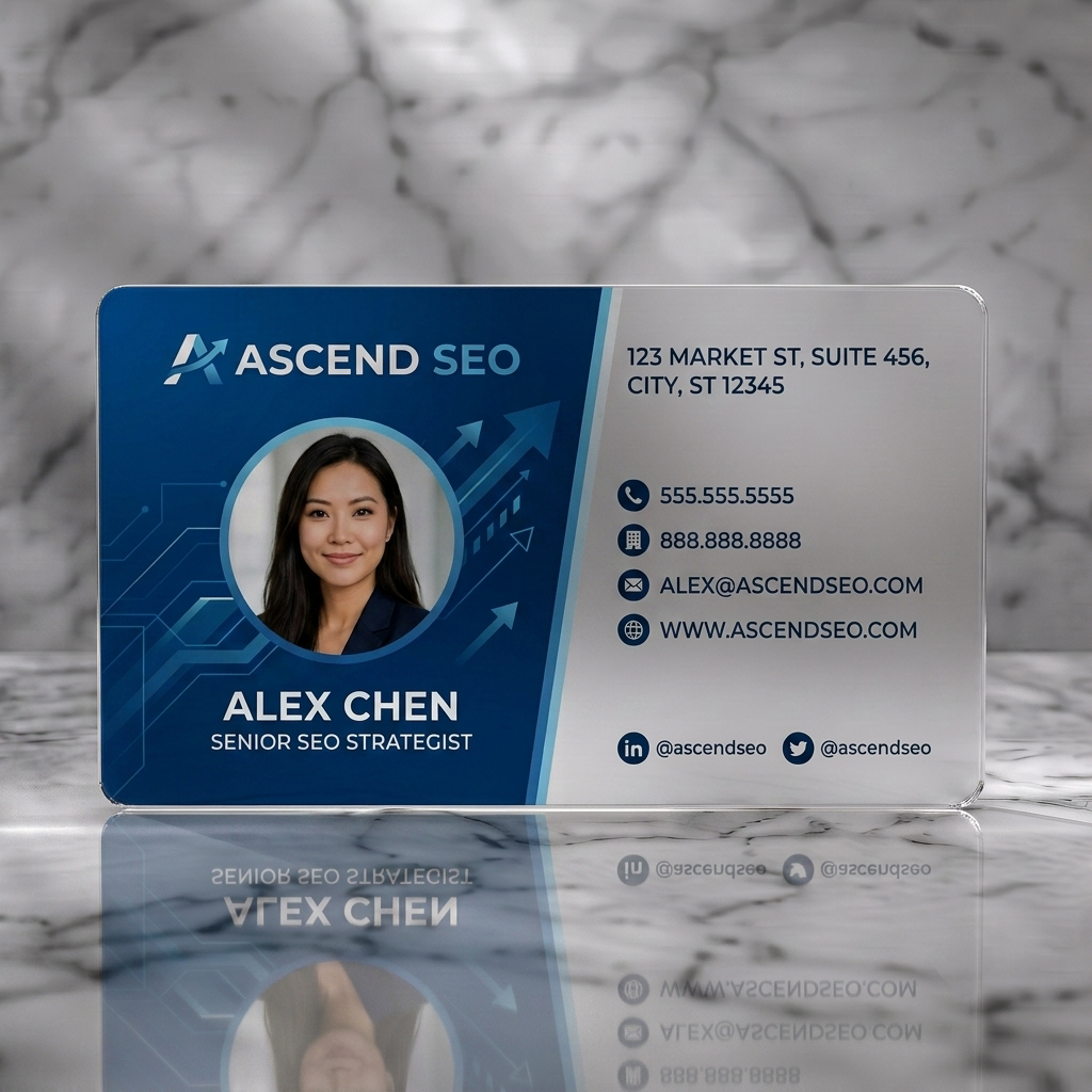 Frosted translucent plastic business card featuring a sleek blue and white design with ascending arrows, sans-serif typography, and essential contact icons