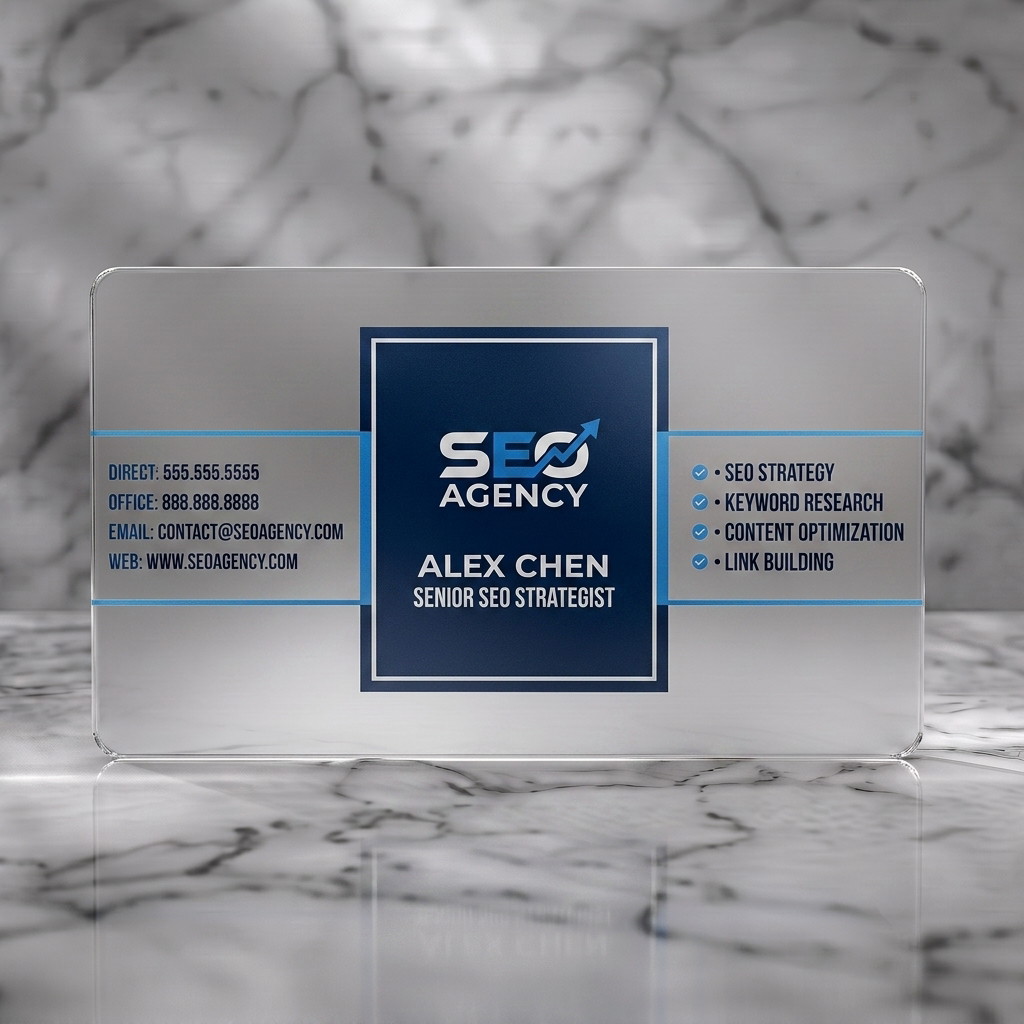 Frosted translucent plastic business card featuring modern style, dark blue & white branding, bold sans-serif typography, SEO growth logo, checklist icons