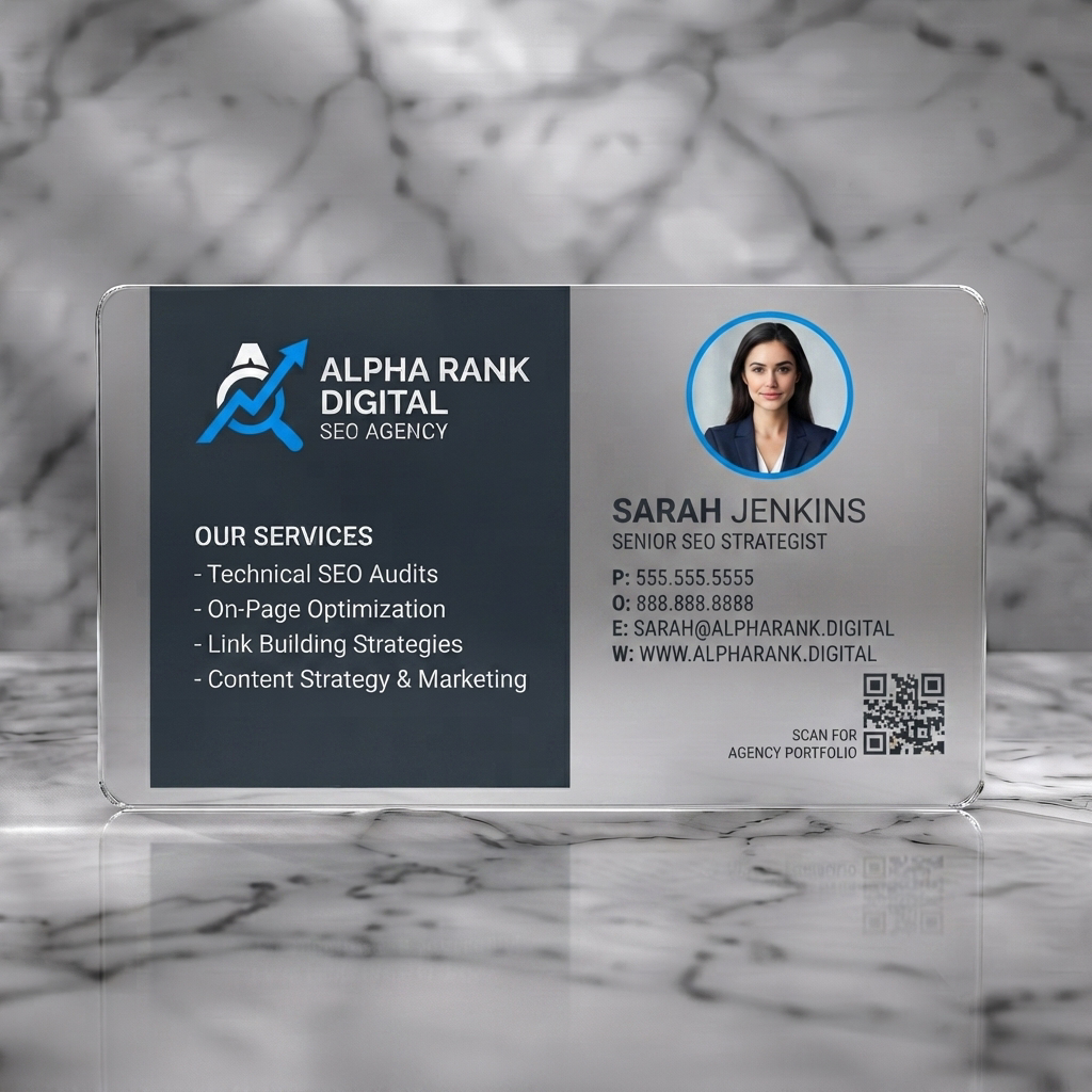 Frosted translucent plastic business card featuring a professional blue and dark grey layout, SEO logo, clean typography, photo, and QR code