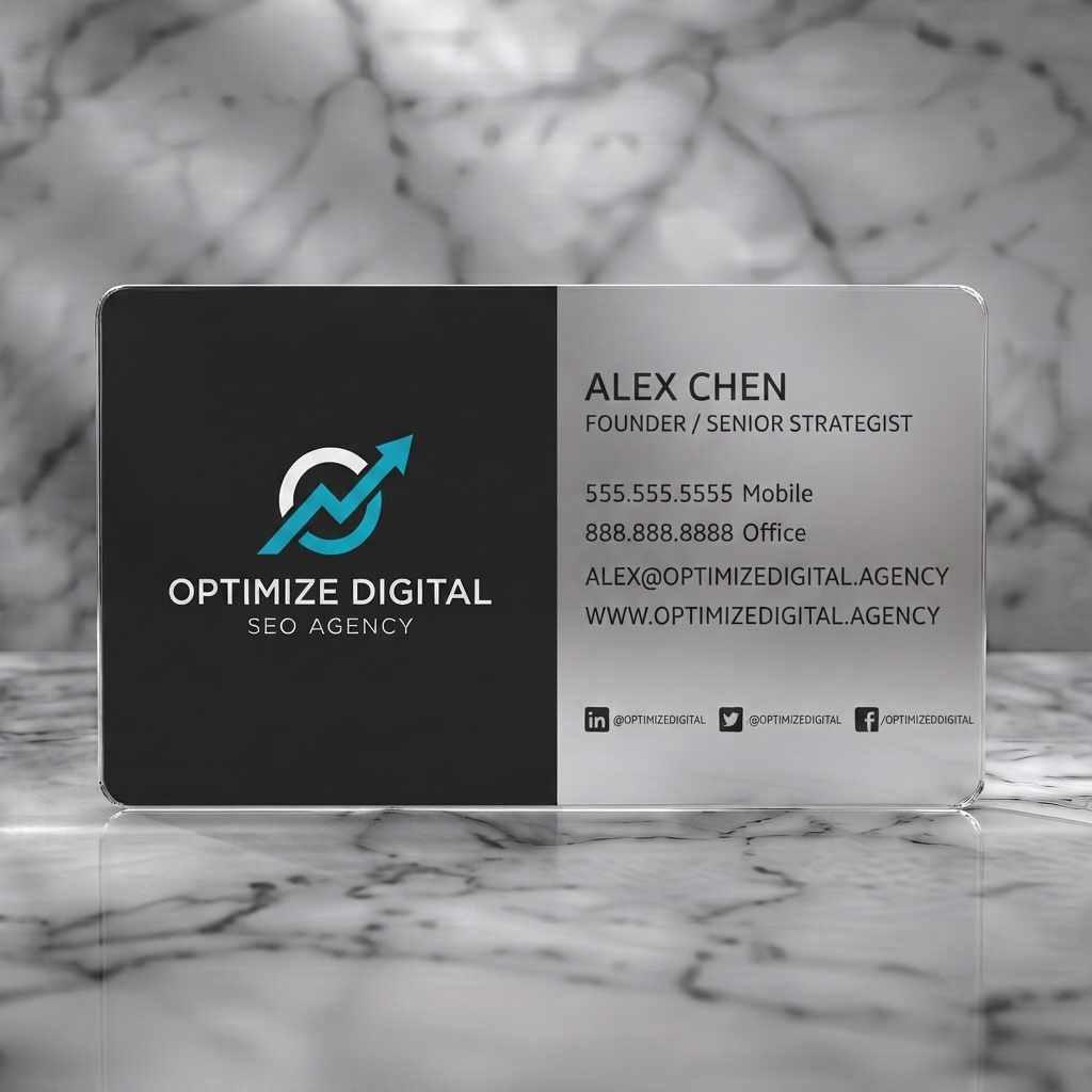 Frosted translucent plastic business card featuring a modern split-panel design, teal growth logo, crisp sans-serif text, and social media icons