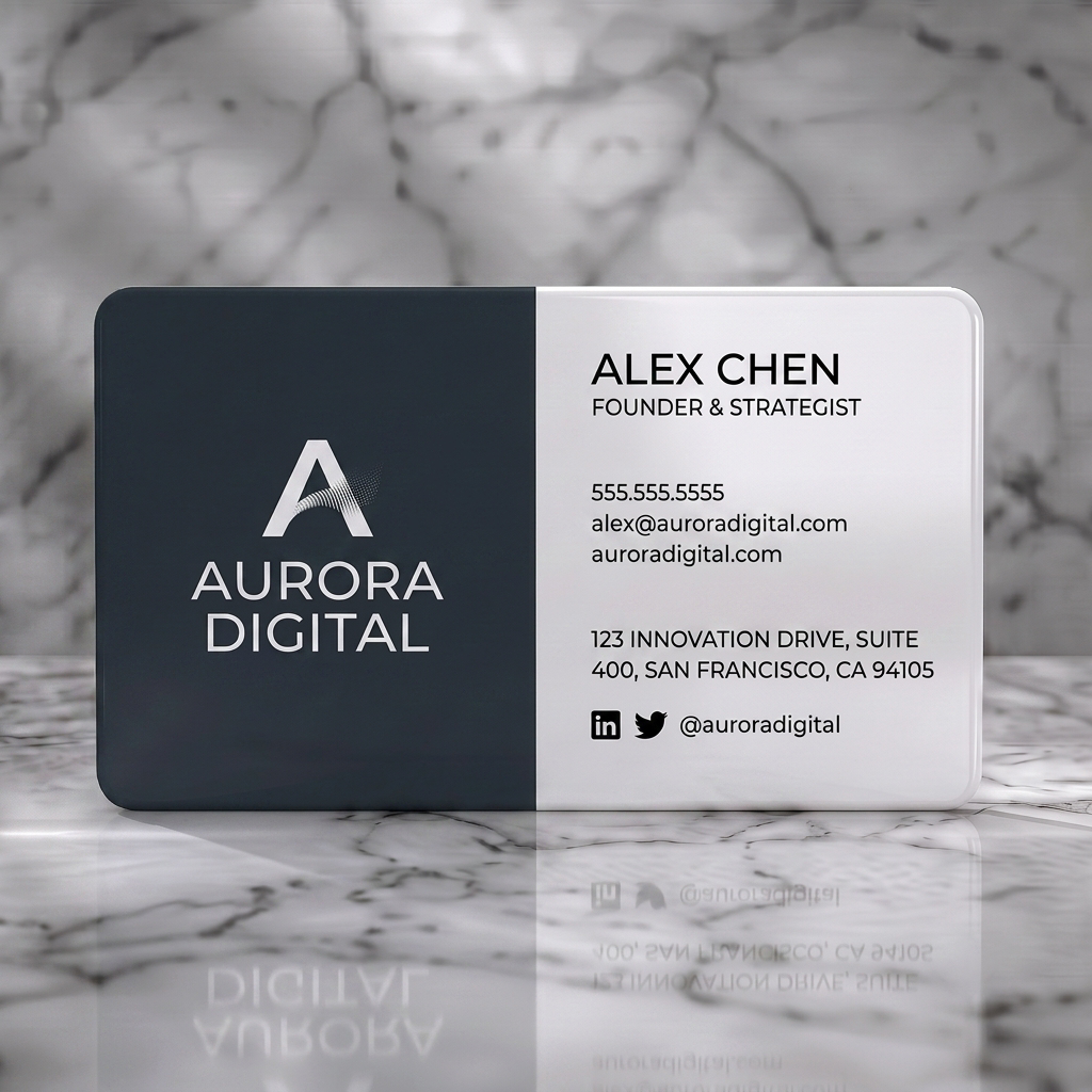 Solid white PVC business card featuring modern two-panel layout, dark grey and vibrant pink, clean sans-serif typography, and social icons