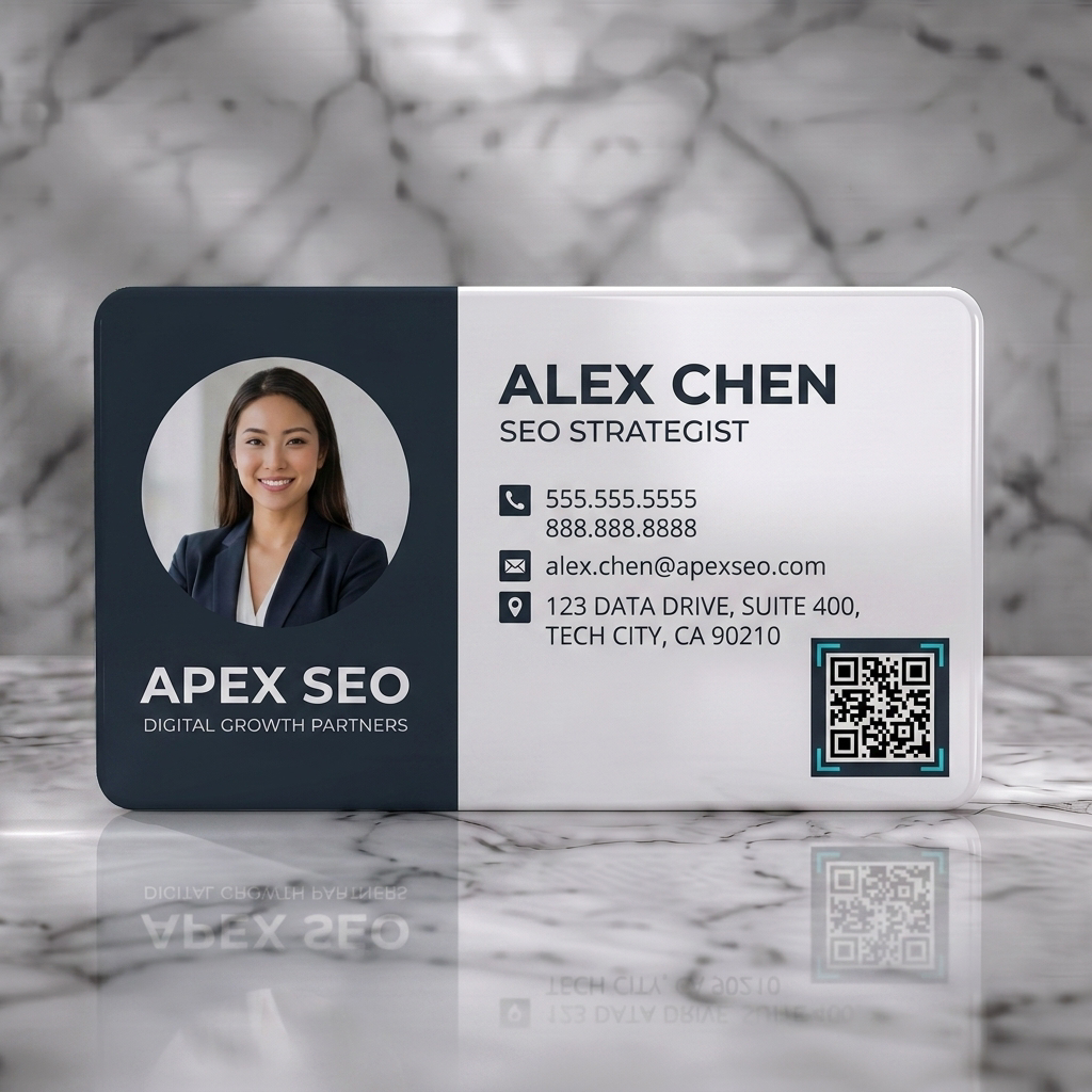 Solid white PVC business card featuring a clean, professional layout with dark blue-grey and white, modern sans-serif fonts, and minimalist icons