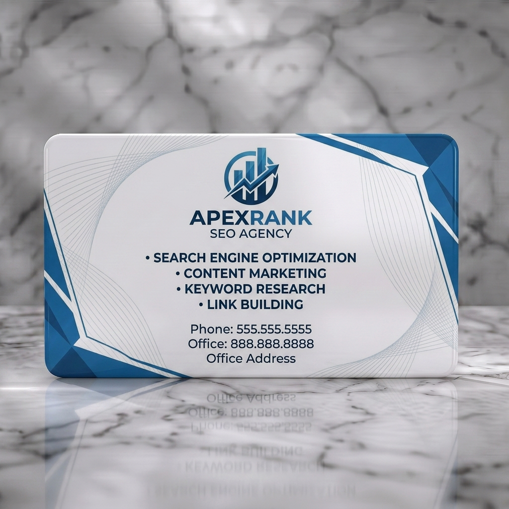 Solid white PVC business card featuring modern blue & white design, growth chart icon, clean sans-serif text, abstract lines