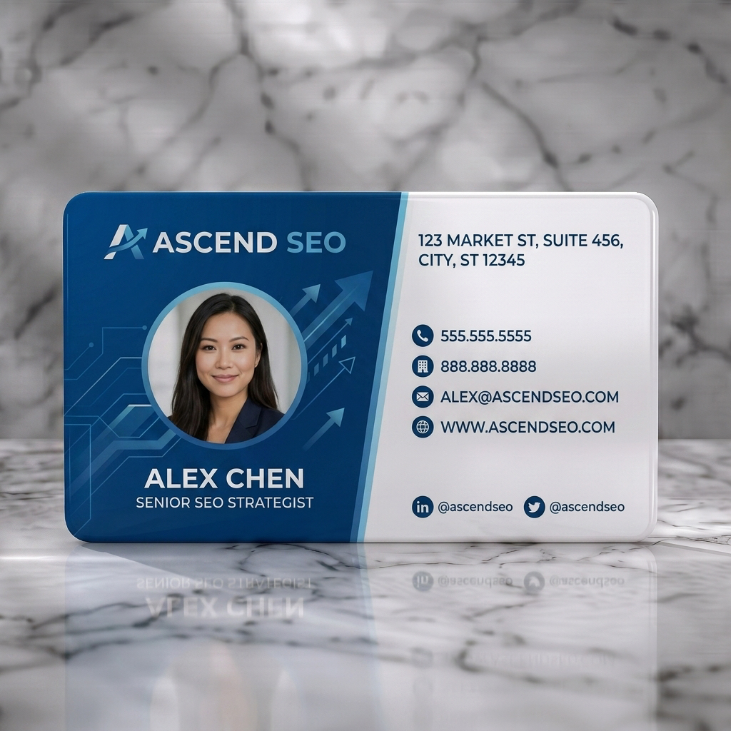 Solid white PVC business card featuring a sleek blue and white design with ascending arrows, sans-serif typography, and essential contact icons