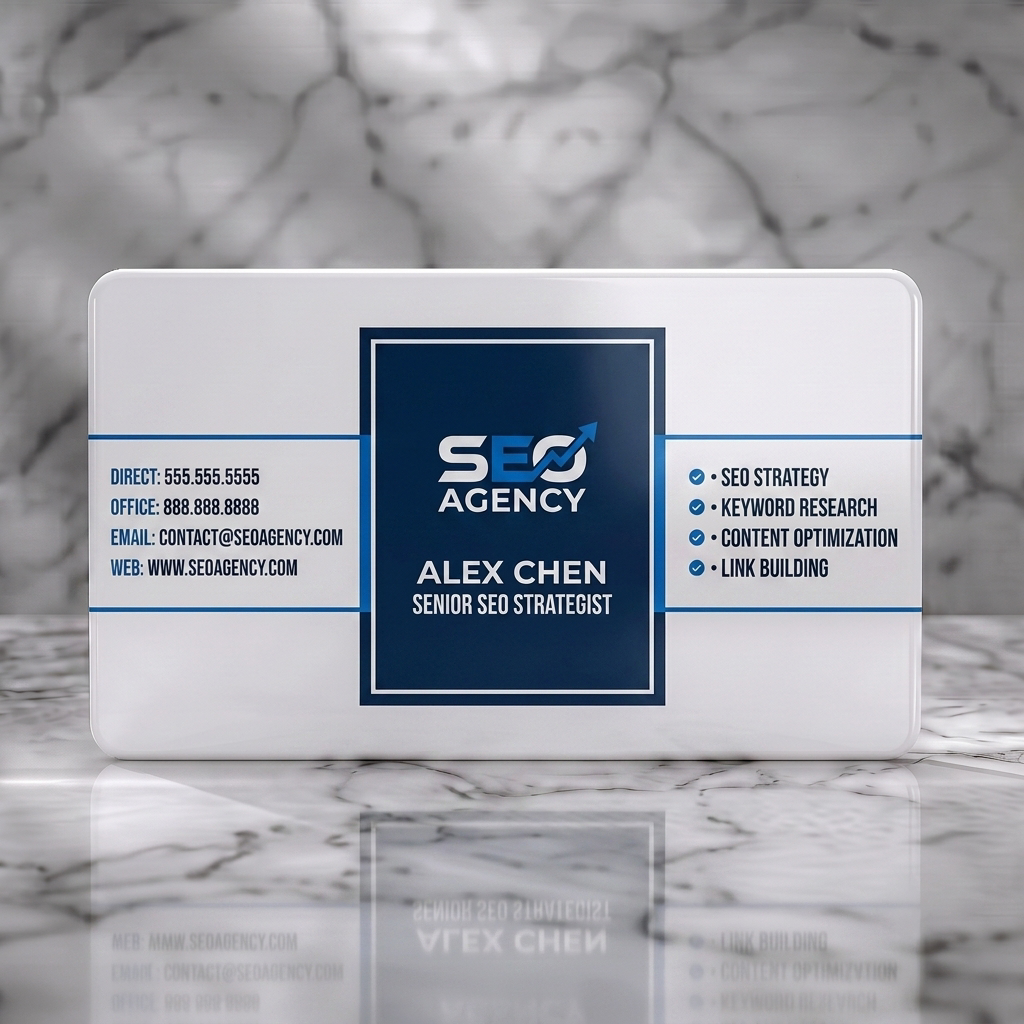 Solid white PVC business card featuring modern style, dark blue & white branding, bold sans-serif typography, SEO growth logo, checklist icons