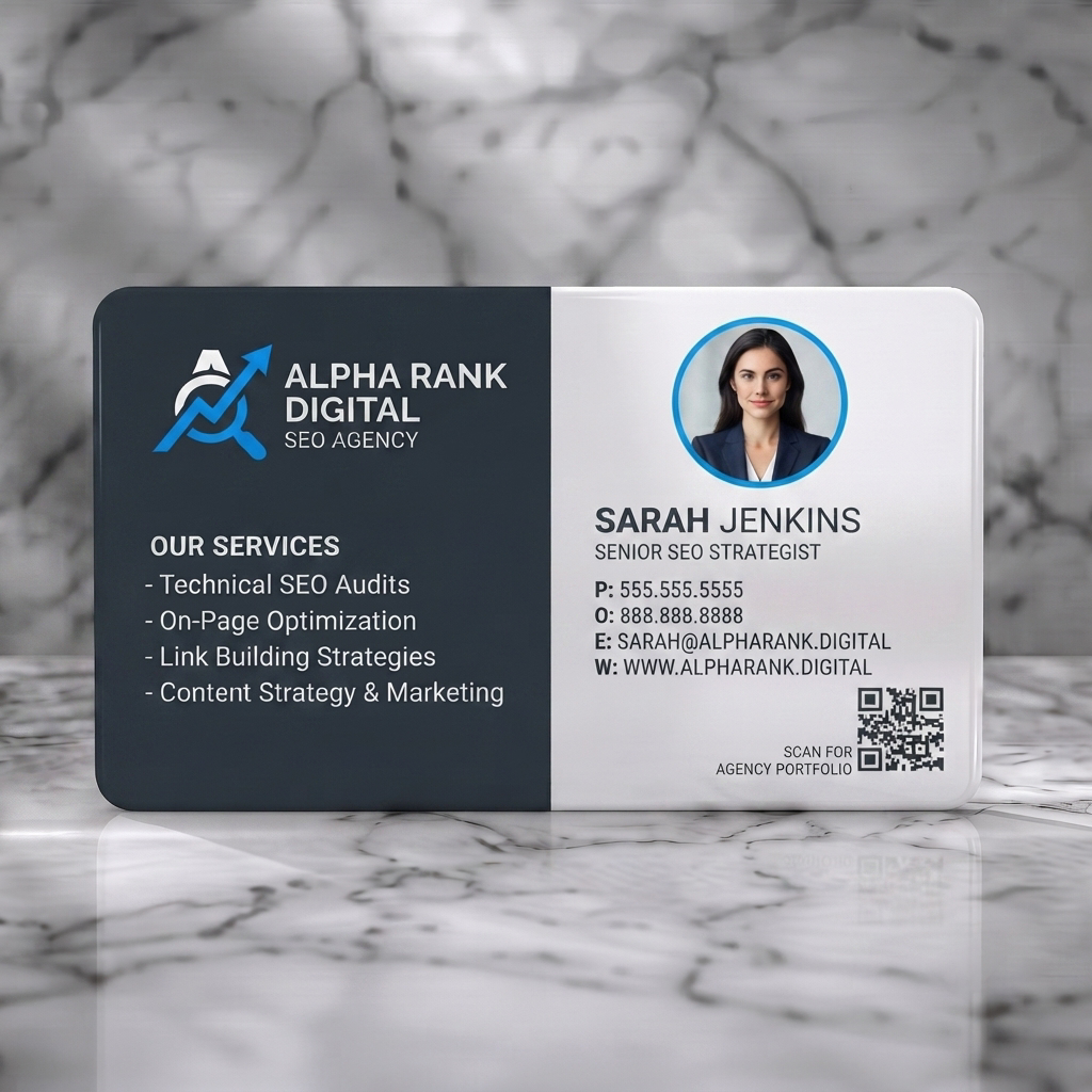 Solid white PVC business card featuring a professional blue and dark grey layout, SEO logo, clean typography, photo, and QR code