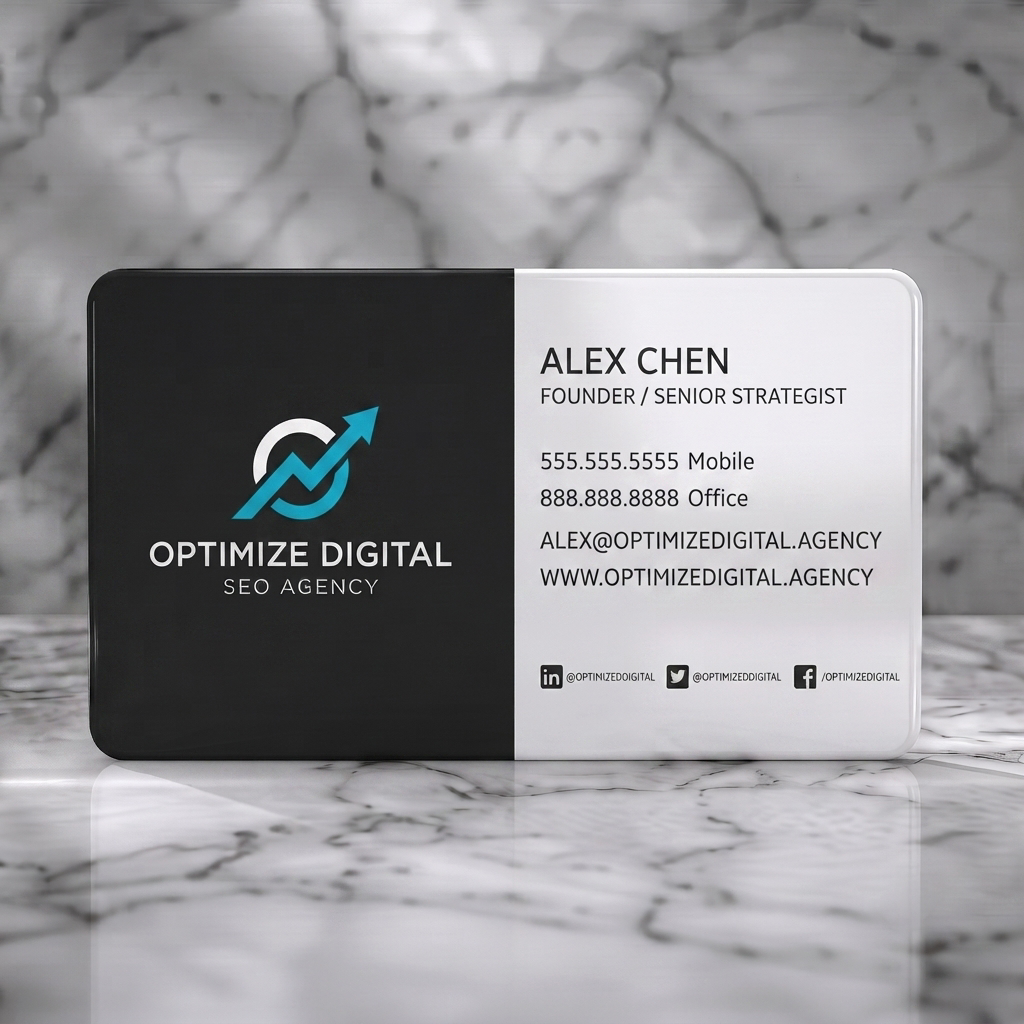 Solid white PVC business card featuring a modern split-panel design, teal growth logo, crisp sans-serif text, and social media icons