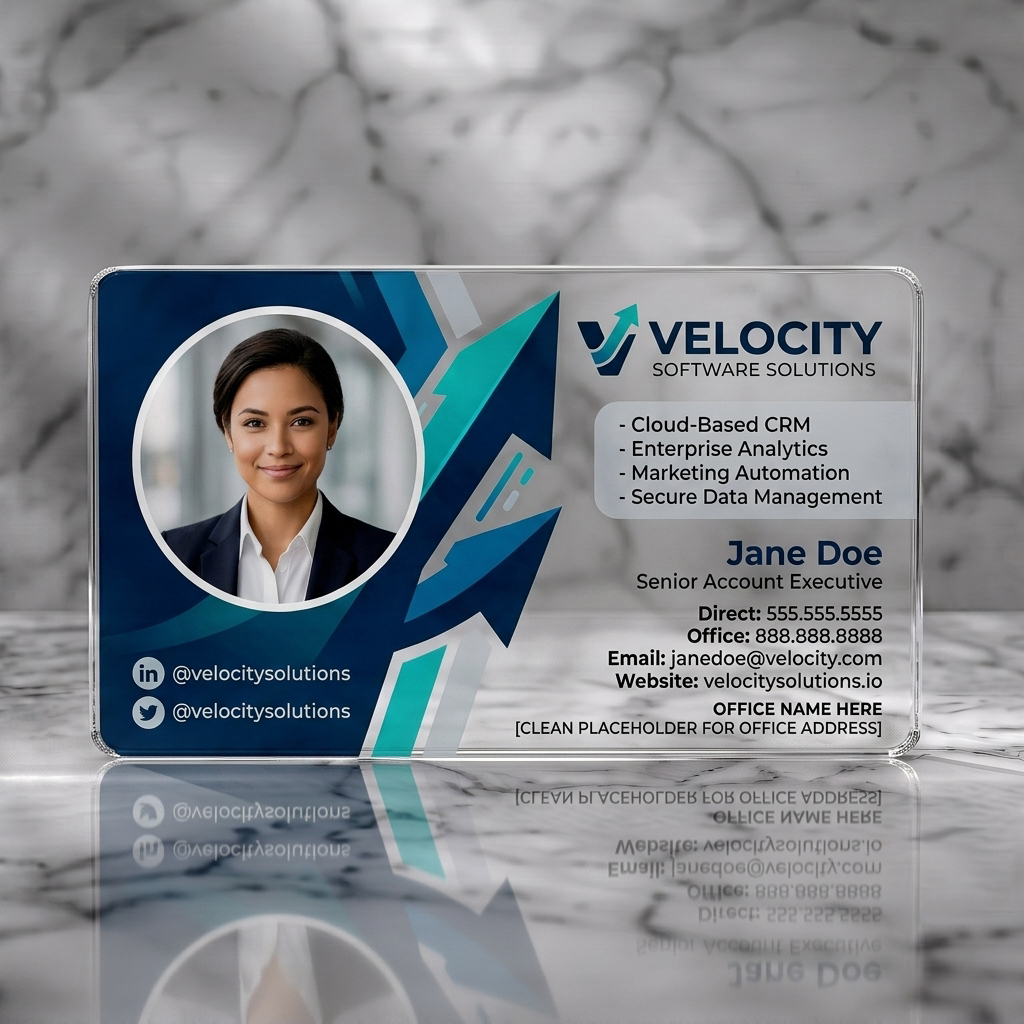 Clear plastic business card featuring modern blue and white design with dynamic arrow graphics, professional sans-serif fonts, and social icons