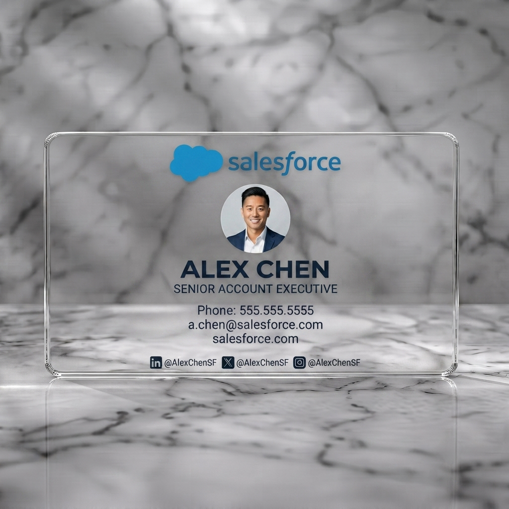Clear plastic business card featuring salesforce branded, featuring a professional photo, blue and black text, social icons