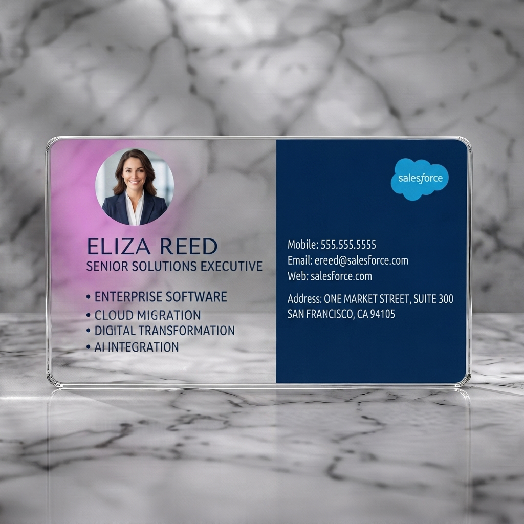 Clear plastic business card featuring clean, two-tone layout, circular headshot, Salesforce cloud logo, navy blue and white, with sans-serif fonts
