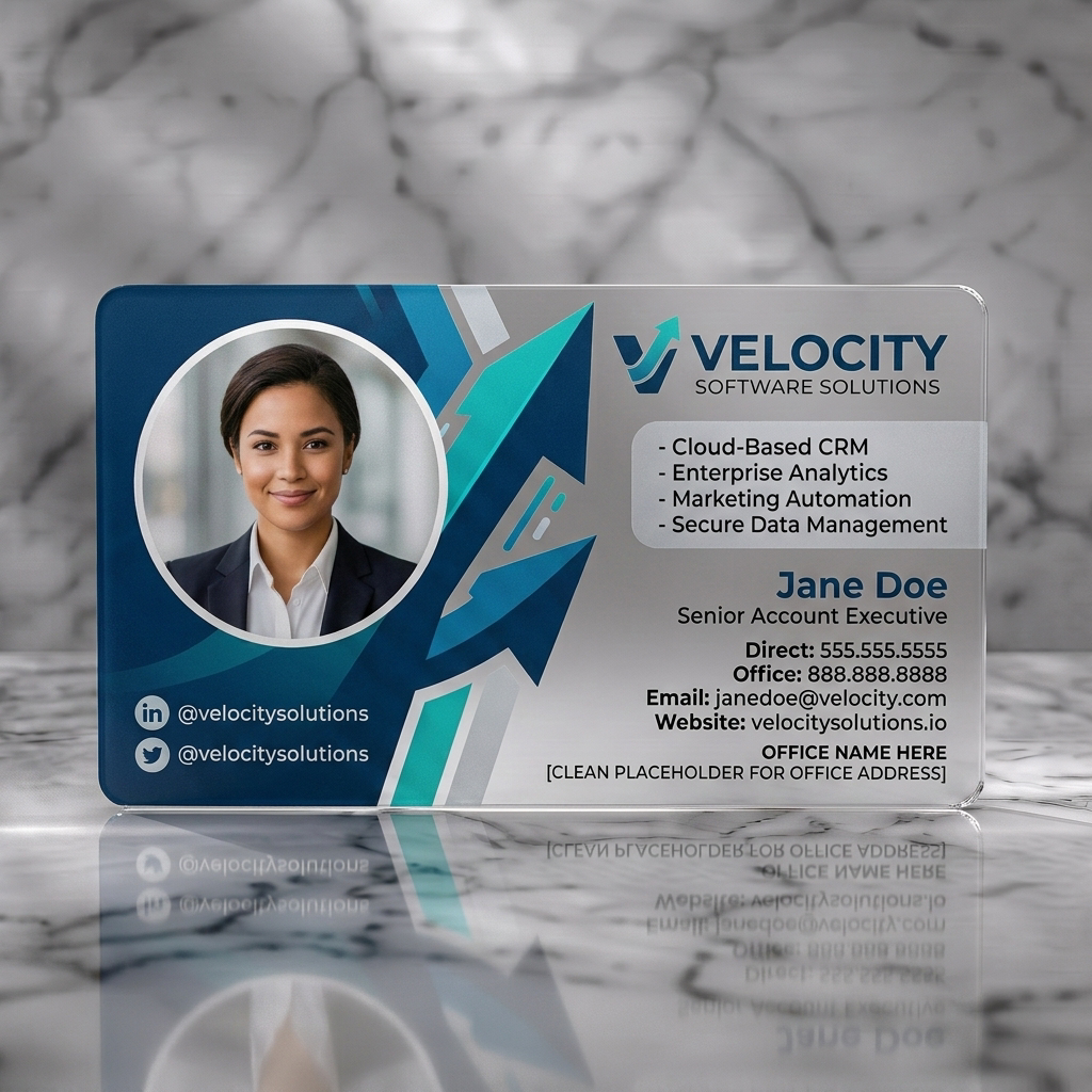 Frosted translucent plastic business card featuring modern blue and white design with dynamic arrow graphics, professional sans-serif fonts, and social icons