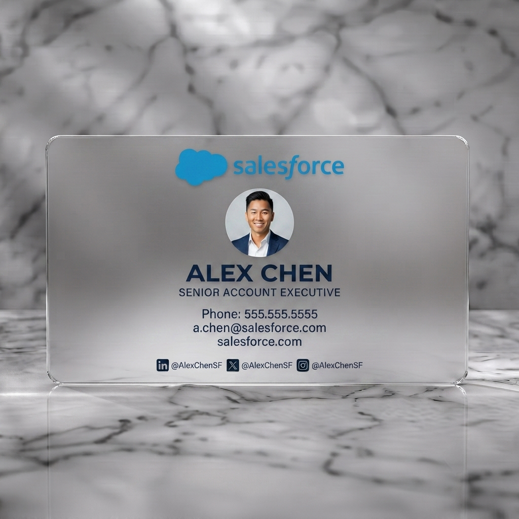 Frosted translucent plastic business card featuring salesforce branded, featuring a professional photo, blue and black text, social icons