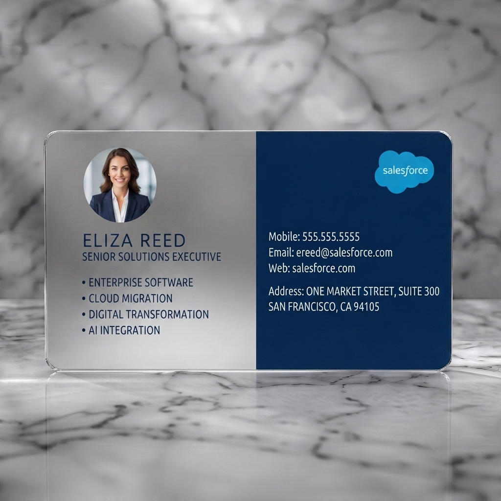 Frosted translucent plastic business card featuring clean, two-tone layout, circular headshot, Salesforce cloud logo, navy blue and white, with sans-serif fonts