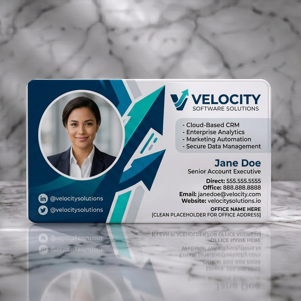 Solid white PVC business card featuring modern blue and white design with dynamic arrow graphics, professional sans-serif fonts, and social icons