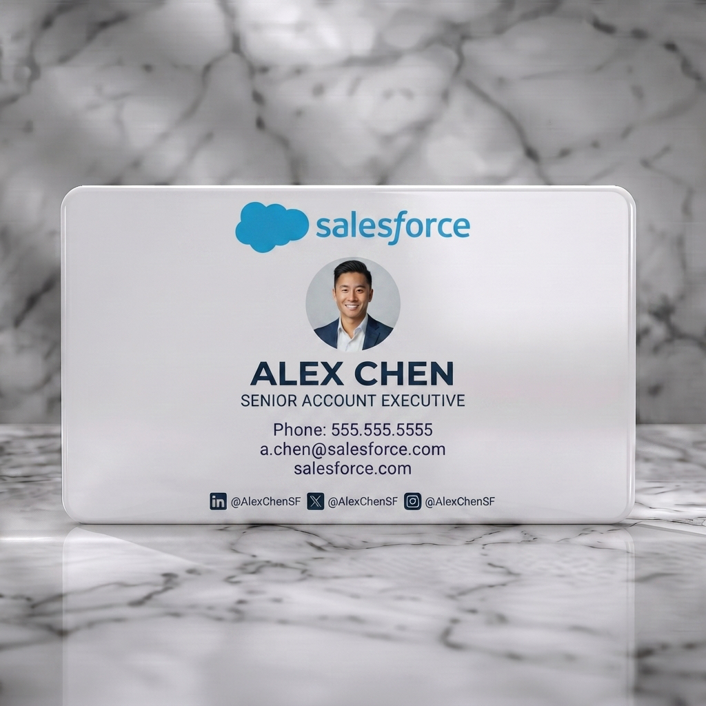 Solid white PVC business card featuring salesforce branded, featuring a professional photo, blue and black text, social icons