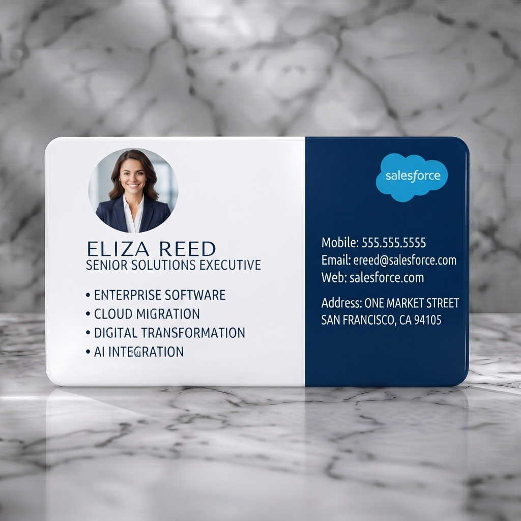 Solid white PVC business card featuring clean, two-tone layout, circular headshot, Salesforce cloud logo, navy blue and white, with sans-serif fonts