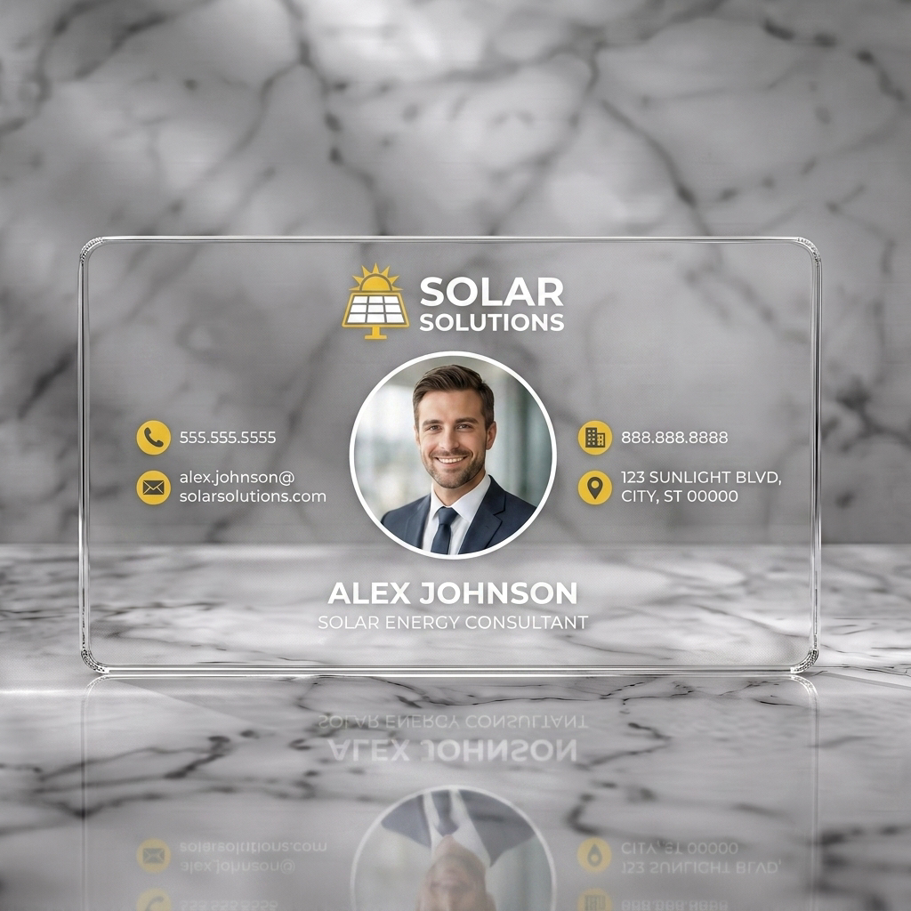 Clear plastic business card featuring a professional photo, white sans-serif text, and yellow solar-themed icons within a modern design