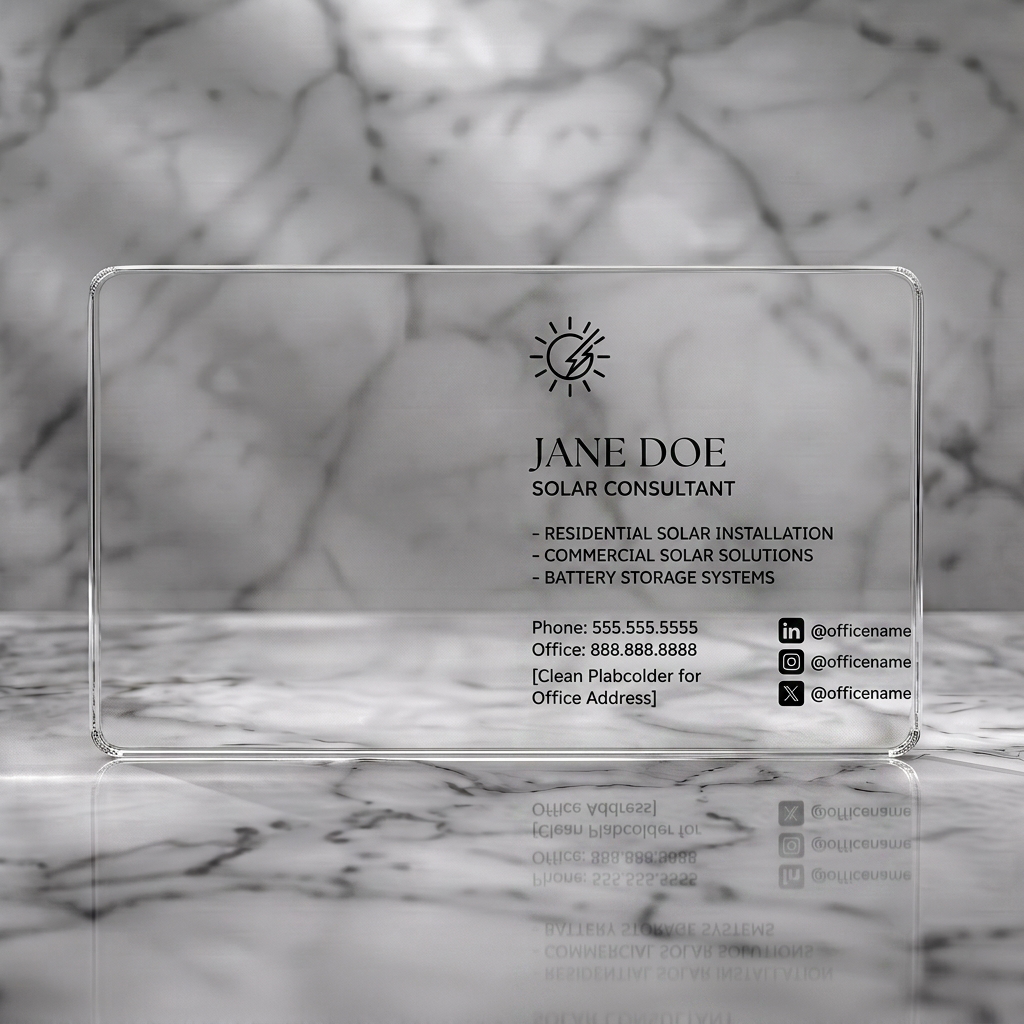Clear plastic business card featuring clean, modern design using a grayscale palette, mixed typography, and a distinctive solar icon