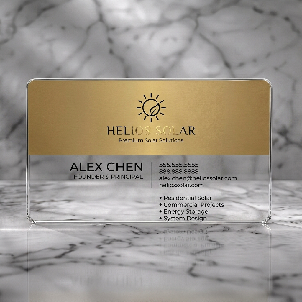Clear plastic business card featuring elegant brushed gold and light pink layout, a sun-leaf icon, and professional typography