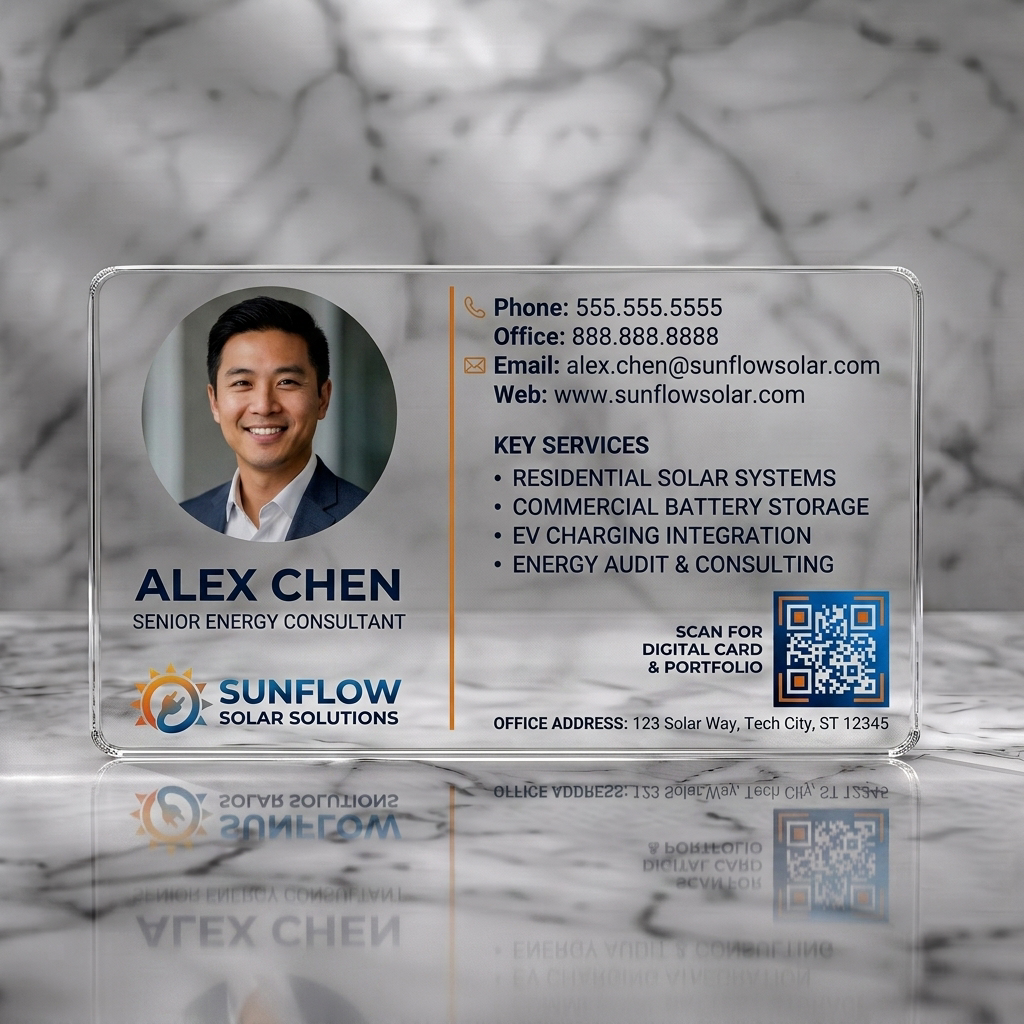 Clear plastic business card featuring modern two-column design with profile photo, dark blue/orange branding, sans-serif text, and solar icons