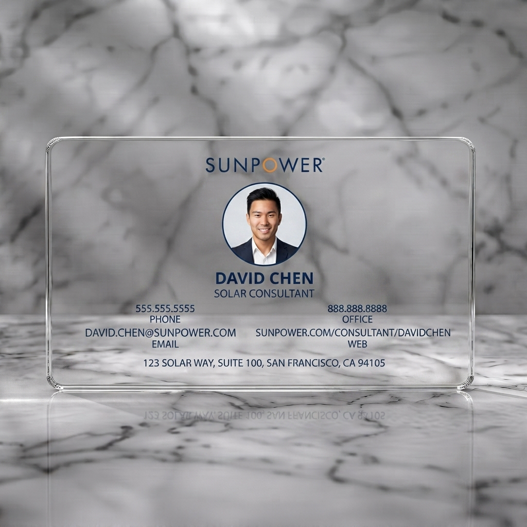 Clear plastic business card featuring modern minimalist design with navy blue and orange accents, sans-serif typography, and a circular profile picture