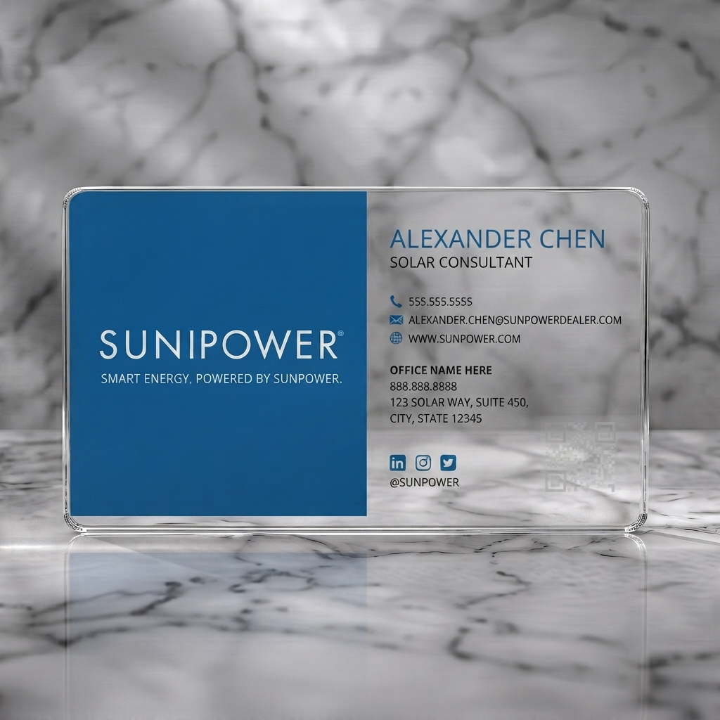 Clear plastic business card featuring clean blue and white split-layout, sans-serif typography, contact and social icons, plus a QR code