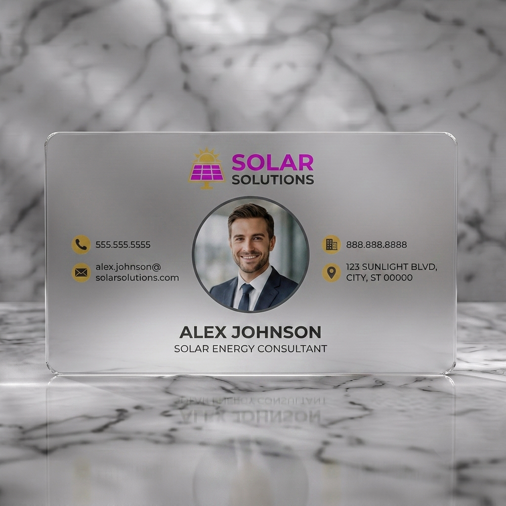 Frosted translucent plastic business card featuring a professional photo, white sans-serif text, and yellow solar-themed icons within a modern design