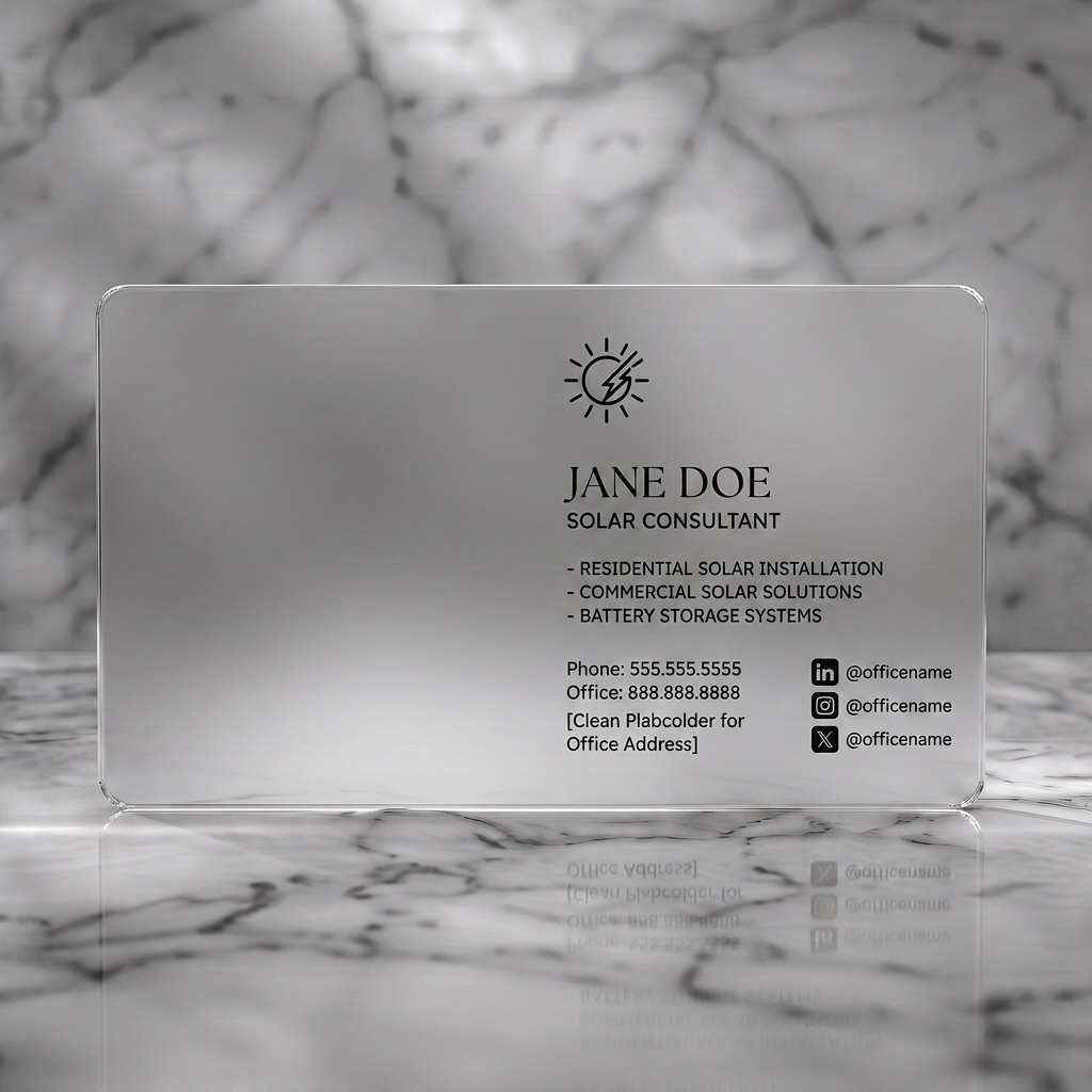 Frosted translucent plastic business card featuring clean, modern design using a grayscale palette, mixed typography, and a distinctive solar icon