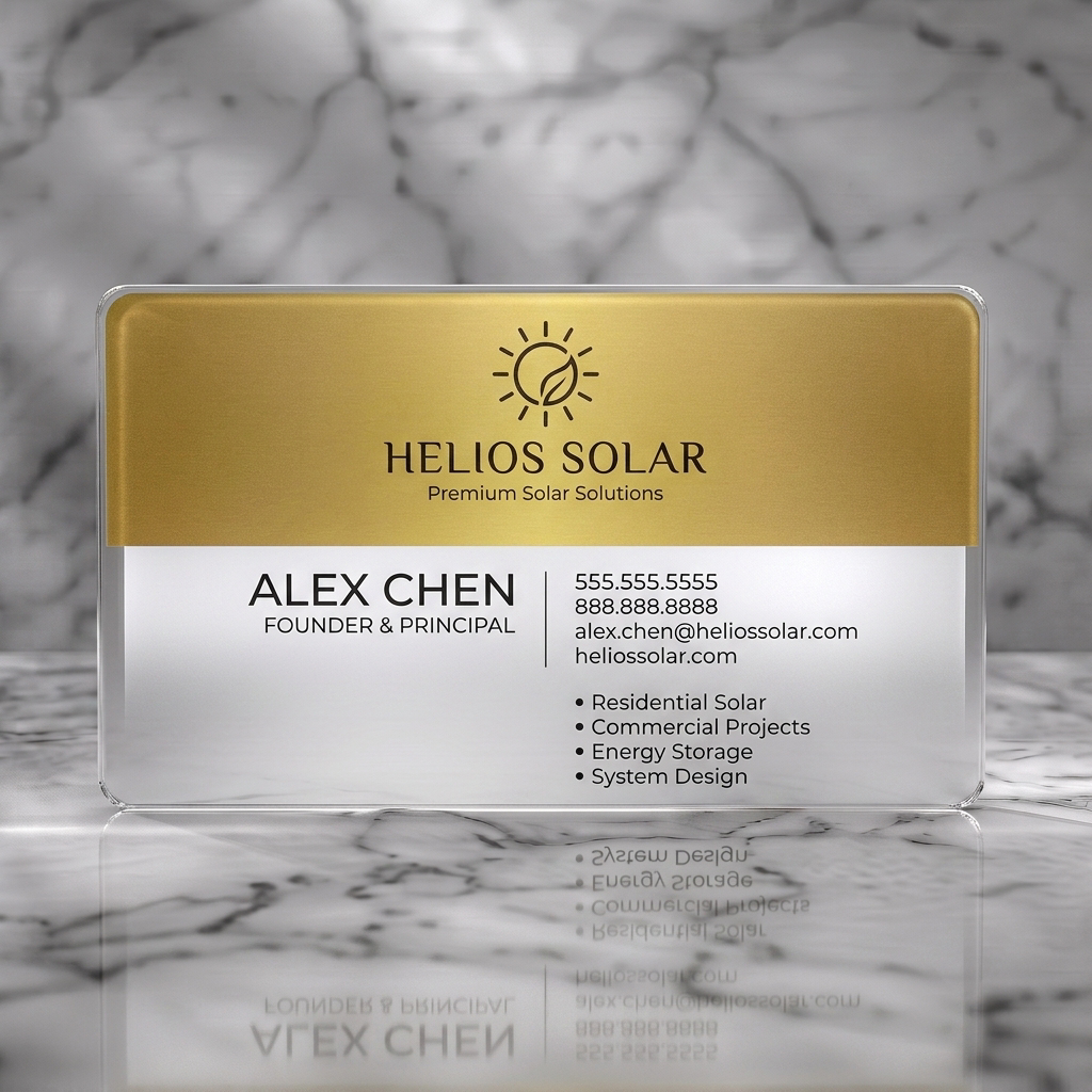 Frosted translucent plastic business card featuring elegant brushed gold and light pink layout, a sun-leaf icon, and professional typography