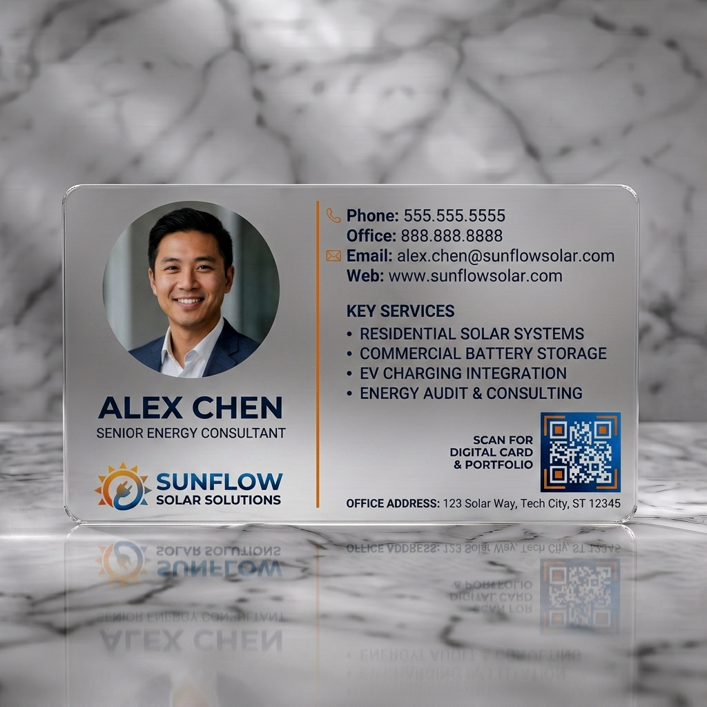 Frosted translucent plastic business card featuring modern two-column design with profile photo, dark blue/orange branding, sans-serif text, and solar icons