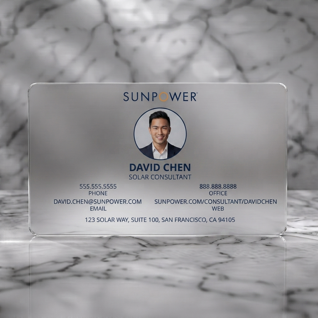 Frosted translucent plastic business card featuring modern minimalist design with navy blue and orange accents, sans-serif typography, and a circular profile picture