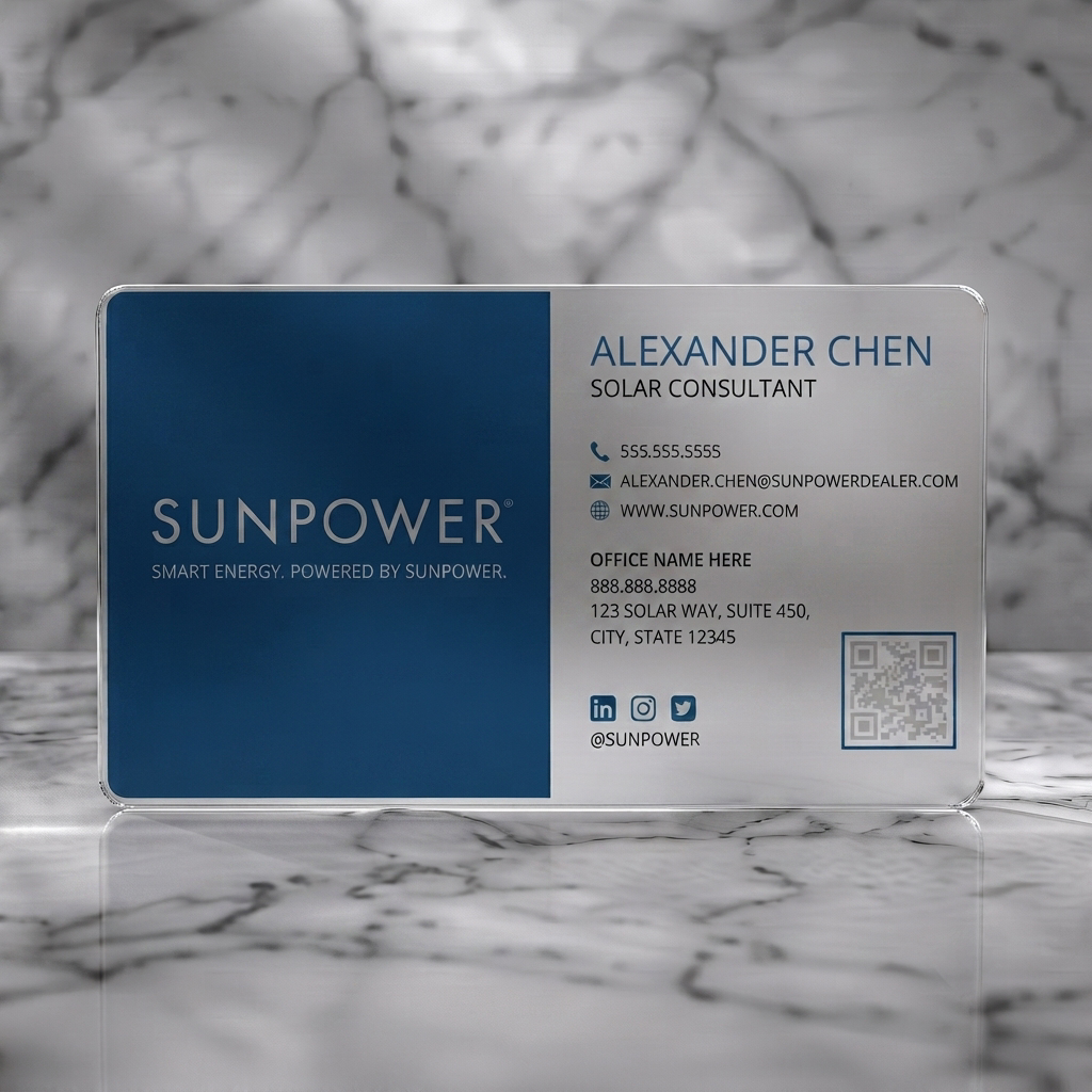 Frosted translucent plastic business card featuring clean blue and white split-layout, sans-serif typography, contact and social icons, plus a QR code