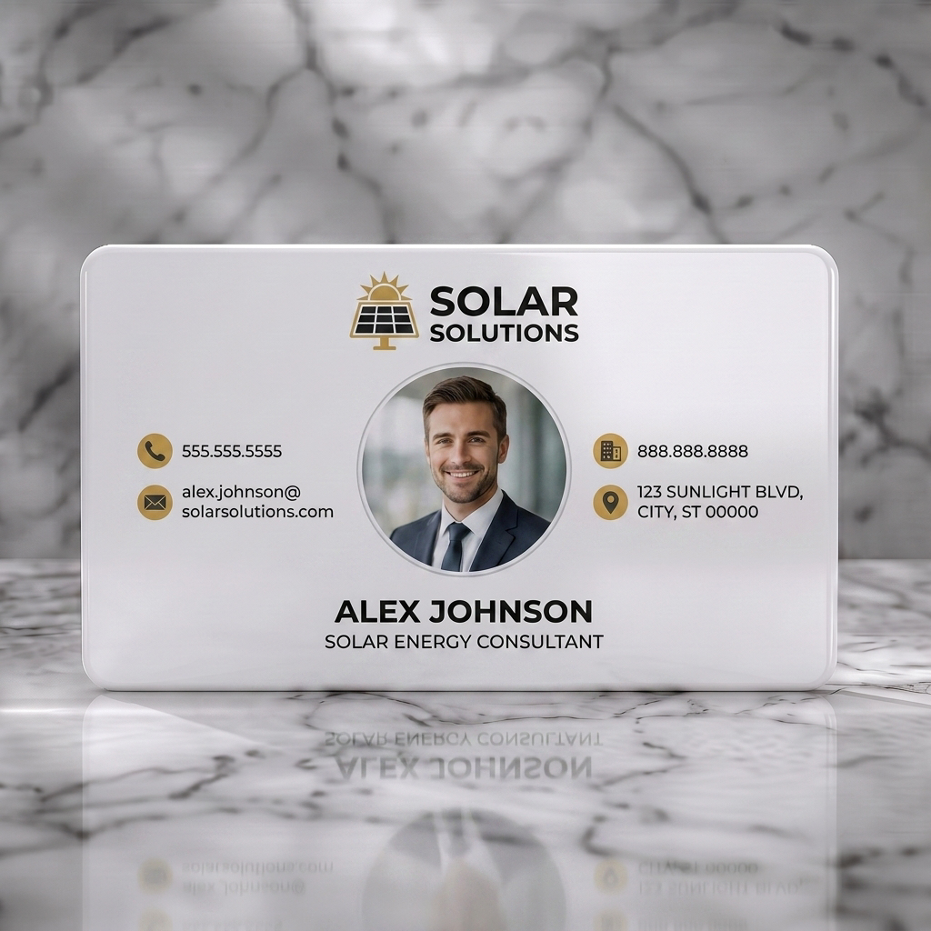 Solid white PVC business card featuring a professional photo, white sans-serif text, and yellow solar-themed icons within a modern design