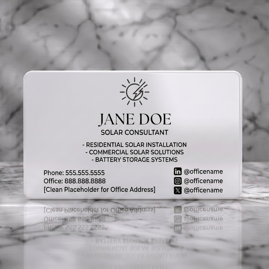 Solid white PVC business card featuring clean, modern design using a grayscale palette, mixed typography, and a distinctive solar icon