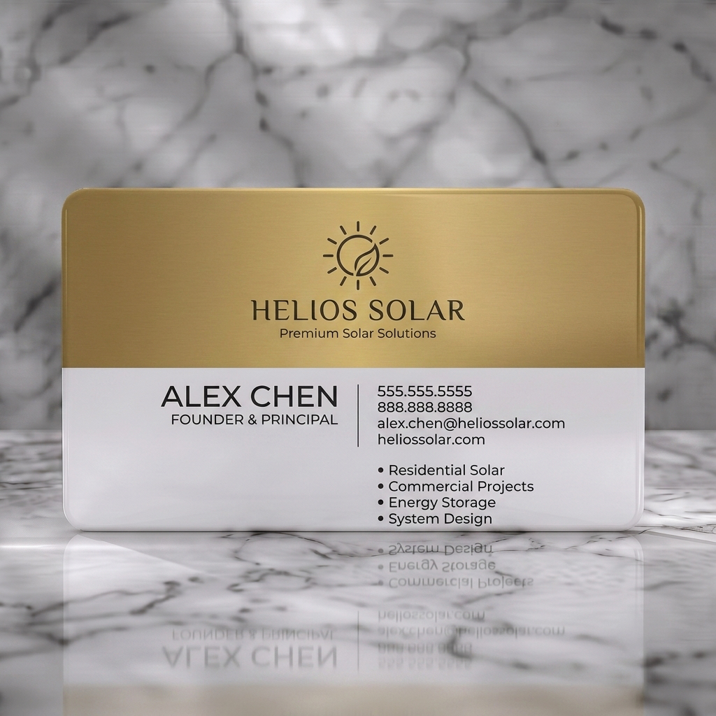 Solid white PVC business card featuring elegant brushed gold and light pink layout, a sun-leaf icon, and professional typography
