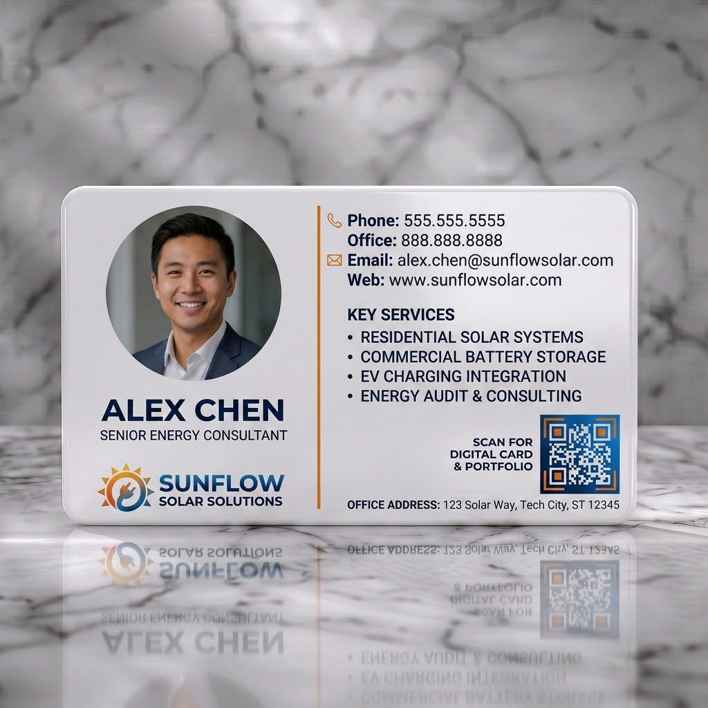 Solid white PVC business card featuring modern two-column design with profile photo, dark blue/orange branding, sans-serif text, and solar icons