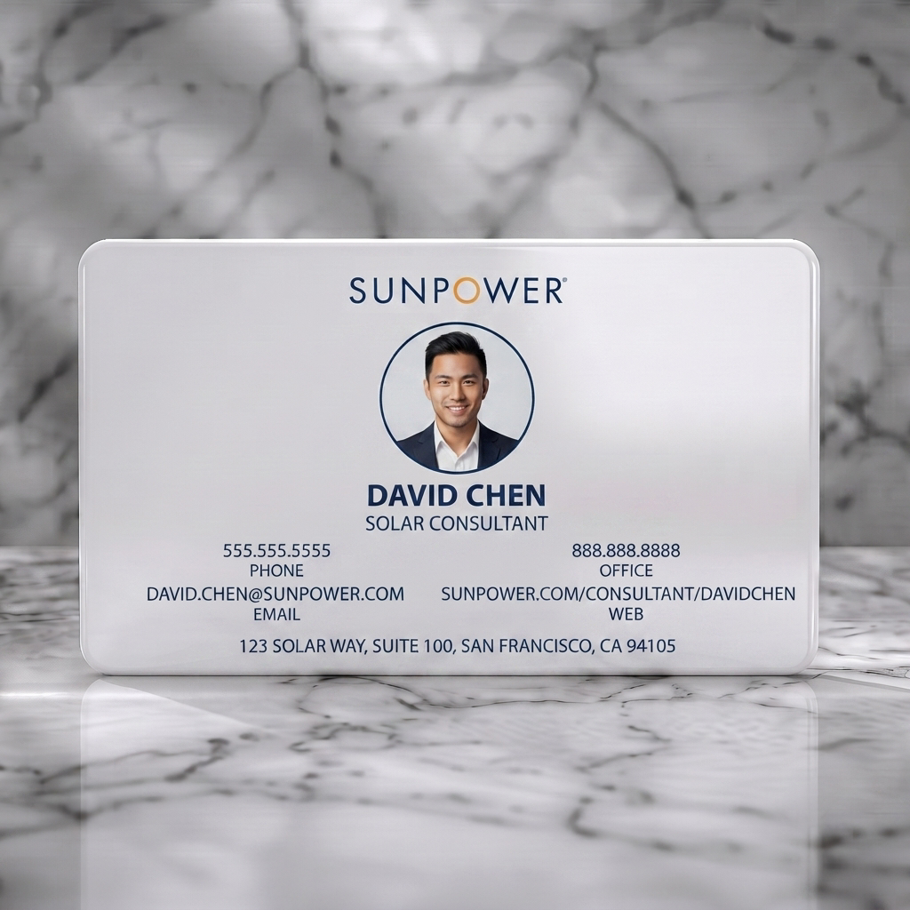 Solid white PVC business card featuring modern minimalist design with navy blue and orange accents, sans-serif typography, and a circular profile picture