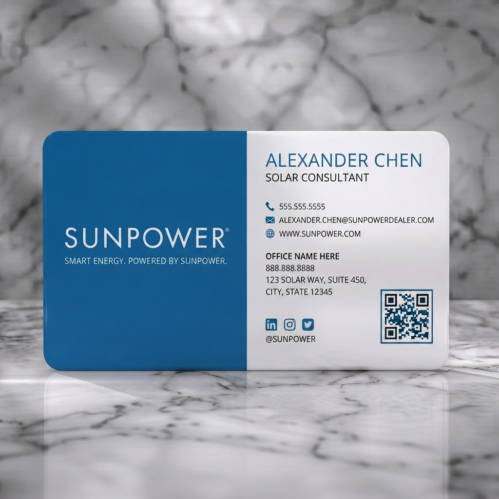Solid white PVC business card featuring clean blue and white split-layout, sans-serif typography, contact and social icons, plus a QR code