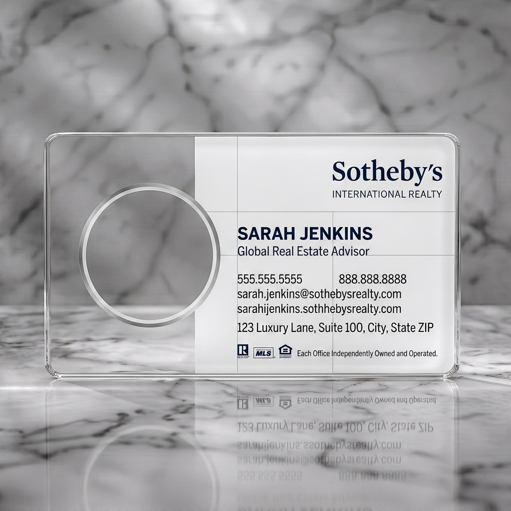 Clear plastic business card featuring professional, modern design with a circular photo, navy Sotheby's logo, clean typography, and realty icons