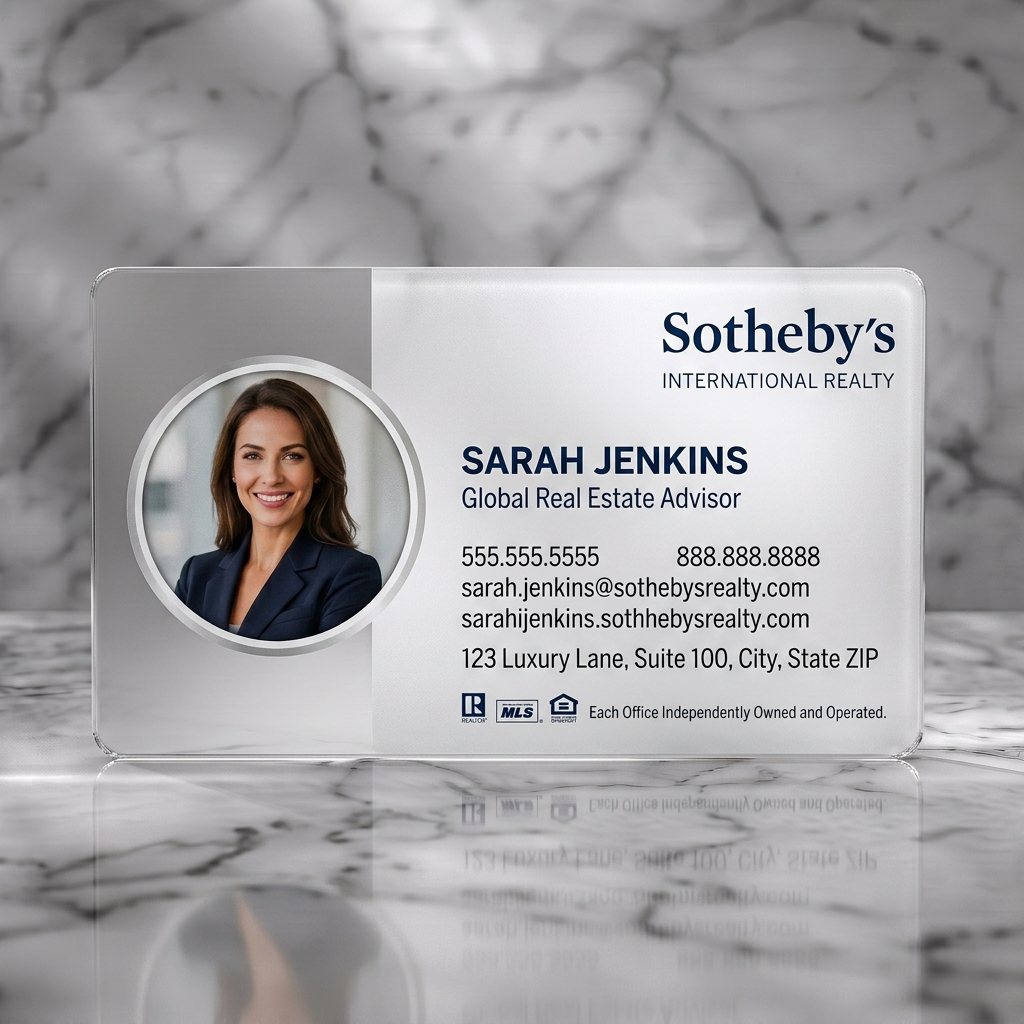 Frosted translucent plastic business card featuring professional, modern design with a circular photo, navy Sotheby's logo, clean typography, and realty icons
