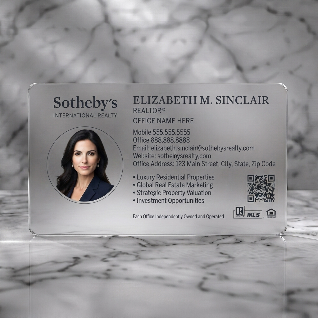 Frosted translucent plastic business card featuring elegant, minimalist design with classic black typography, circular photo, QR code, and realty icons