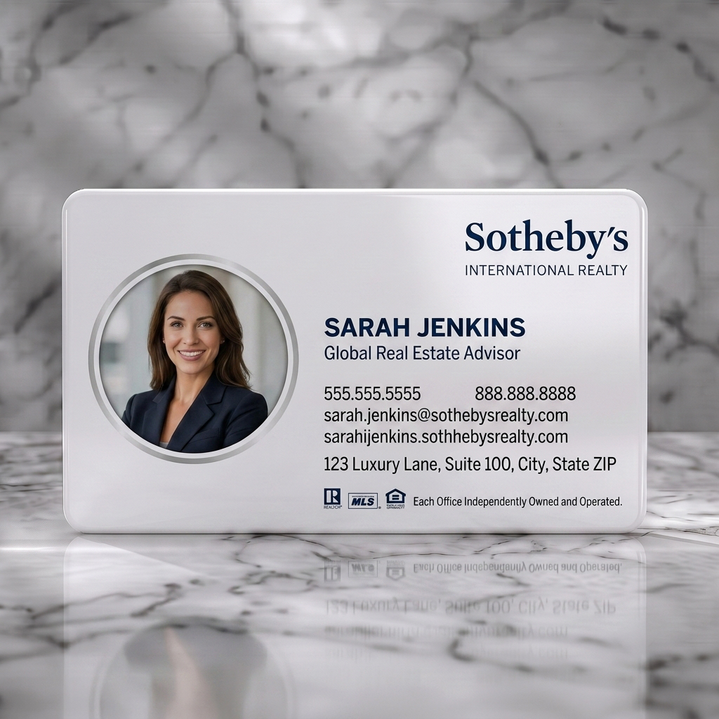 Solid white PVC business card featuring professional, modern design with a circular photo, navy Sotheby's logo, clean typography, and realty icons