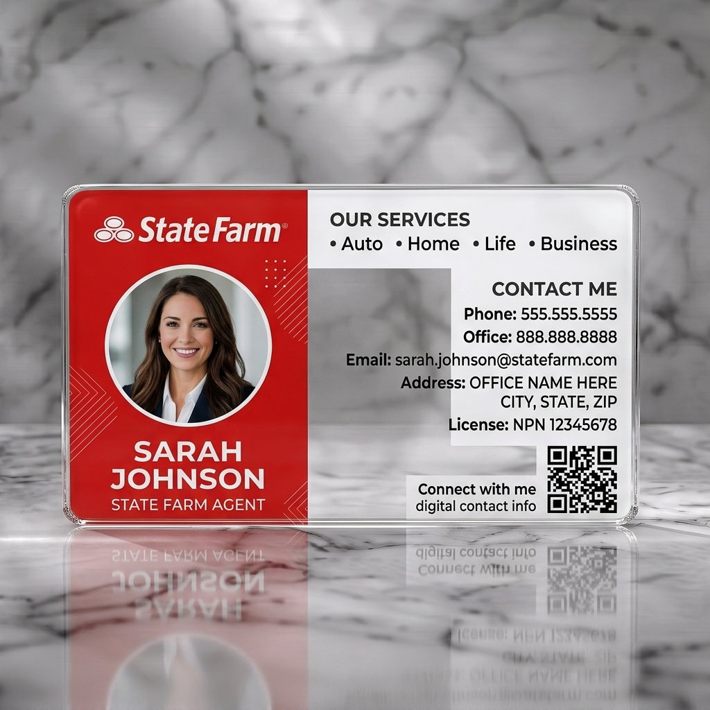 Clear plastic business card featuring state Farm red & white design, agent photo, sans-serif typography, logo, and QR code integration