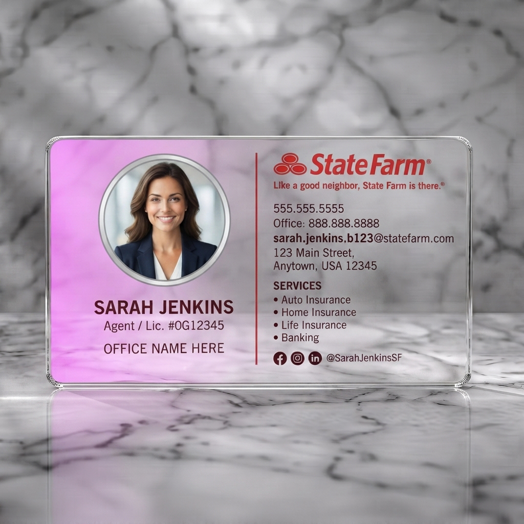 Clear plastic business card featuring a modern layout with circular agent photo, State Farm red branding, sans-serif text, and social icons