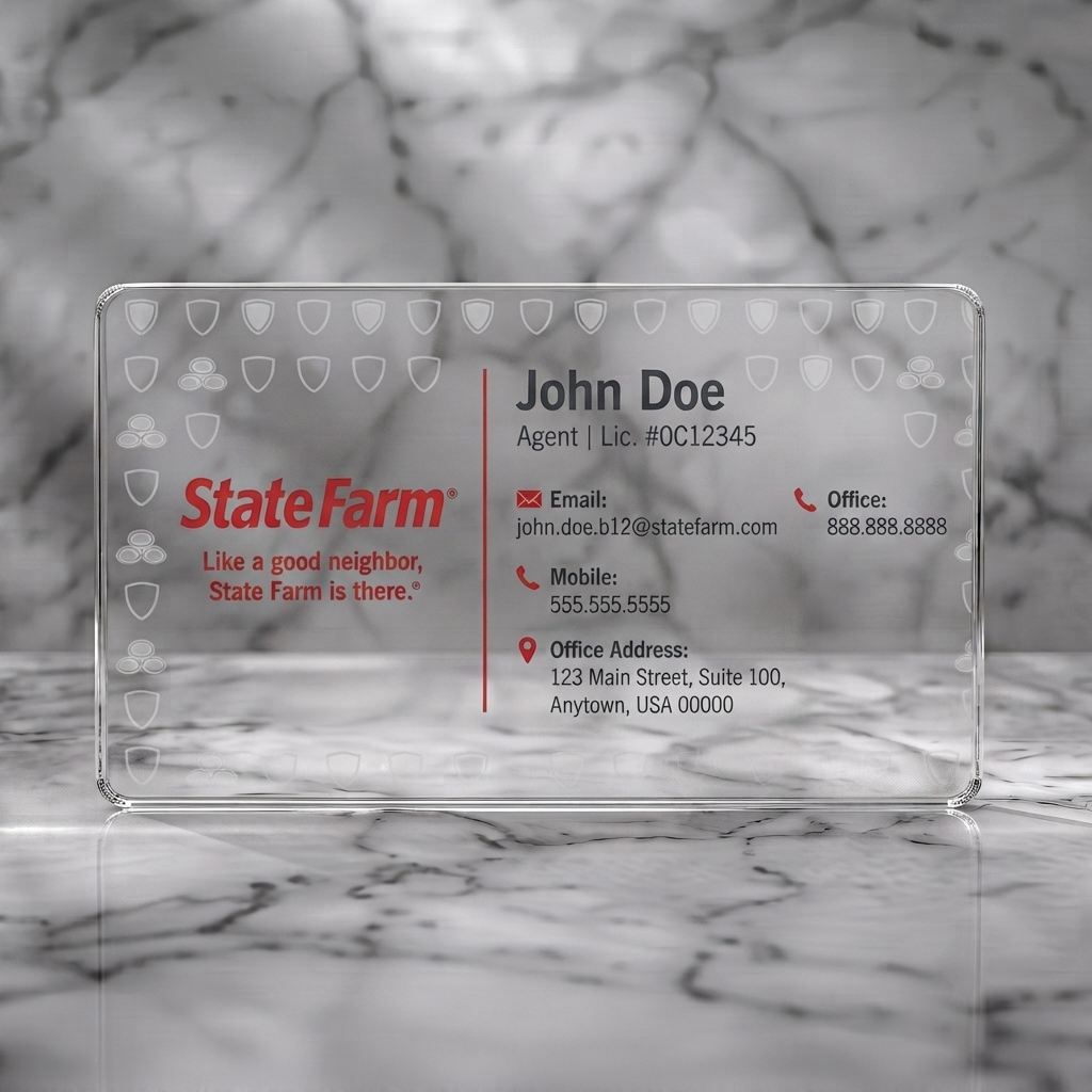 Clear plastic business card featuring state Farm branded, red and white, with clean sans-serif text, contact icons, and shield watermark