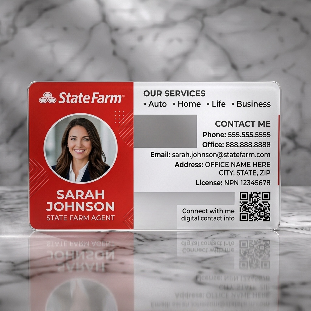 Frosted translucent plastic business card featuring state Farm red & white design, agent photo, sans-serif typography, logo, and QR code integration