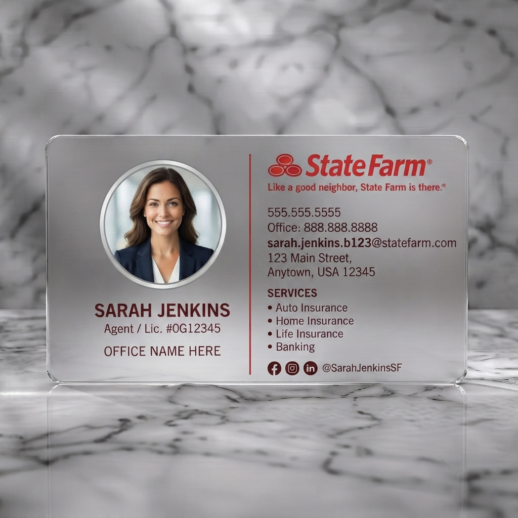 Frosted translucent plastic business card featuring a modern layout with circular agent photo, State Farm red branding, sans-serif text, and social icons