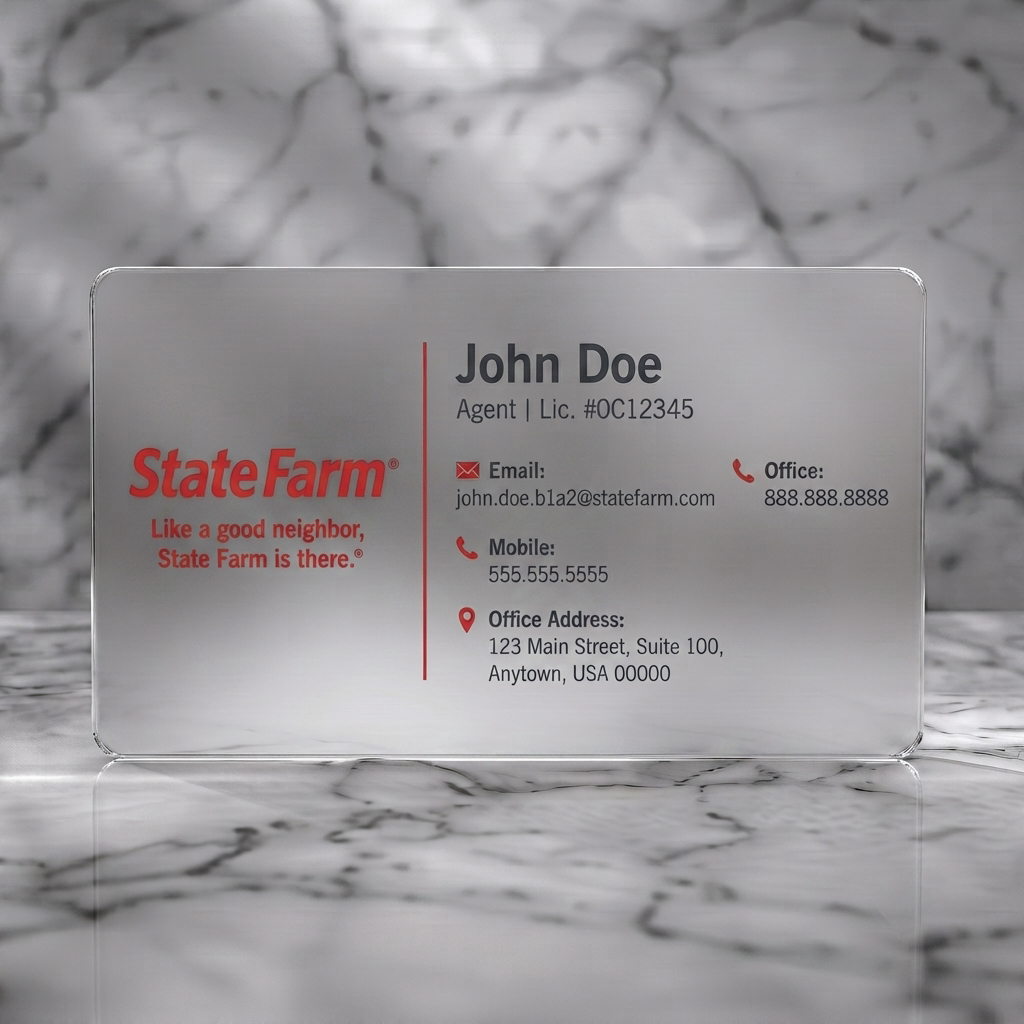 Frosted translucent plastic business card featuring state Farm branded, red and white, with clean sans-serif text, contact icons, and shield watermark