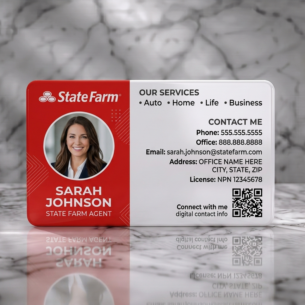 Solid white PVC business card featuring state Farm red & white design, agent photo, sans-serif typography, logo, and QR code integration